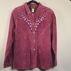 Bob Mackie Wearable Art, Burgundy 100% Leather Jacket with Embroidered Design